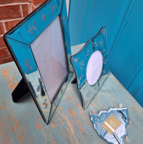 3 Mirror Frames Venetian Glass Beveled Edge Ornate Crystal Etched Flowers Tree - Picture 6 of 16